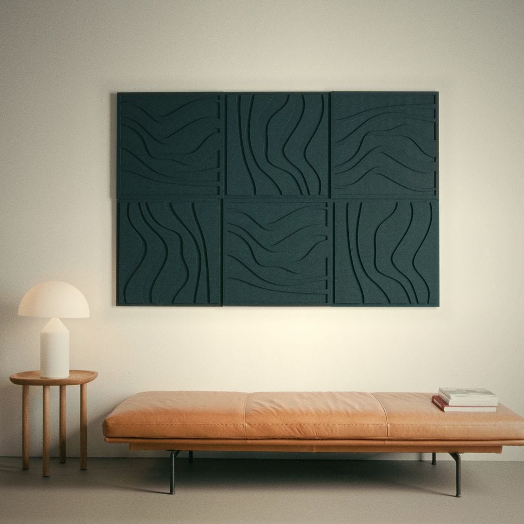 Petroleum Wave tile acoustic art panel set by Arturel in a modern living room